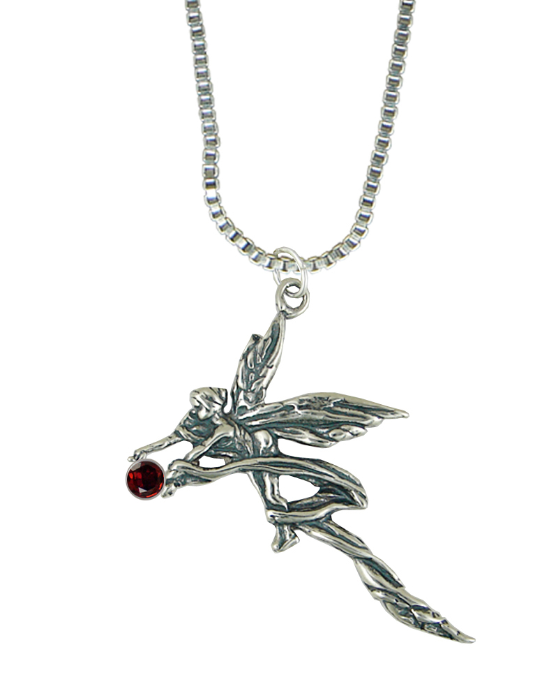 Sterling Silver Ribboned Fairy Pendant With Faceted Garnet